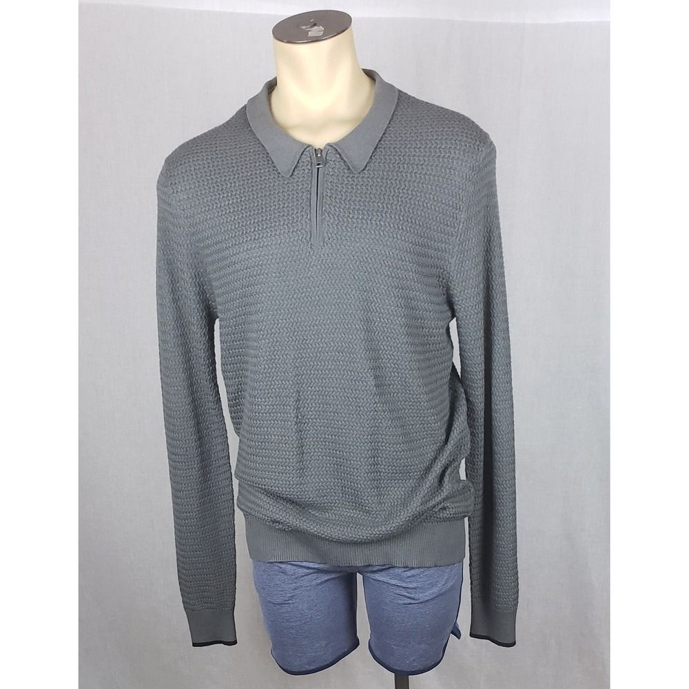 The Commons Mens Pewter Gray Cotton Cashmere Textured 1/4 Zip Polo Sweater L NEW